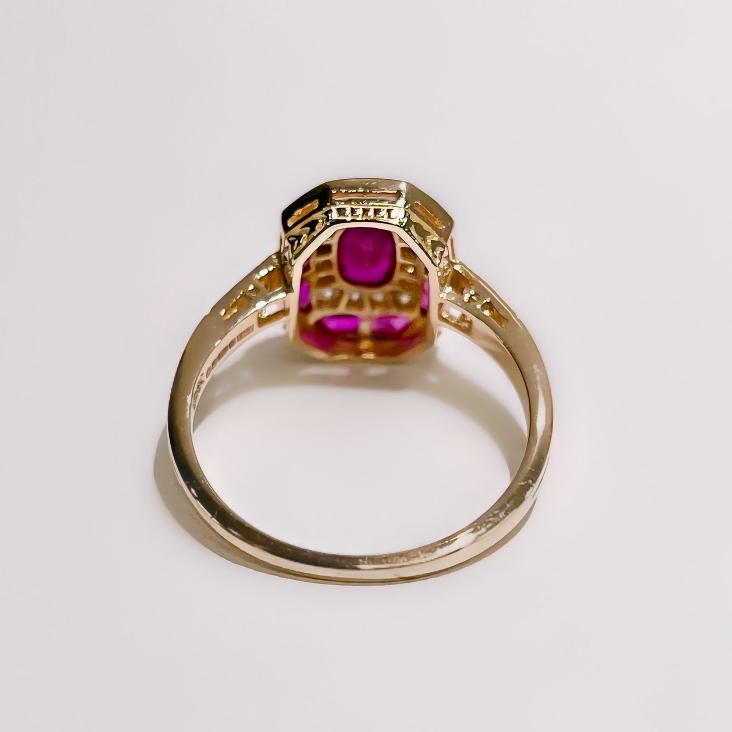 Art Deco Inspired 9ct Yellow Gold Red Ruby and Diamond Ring - Size O