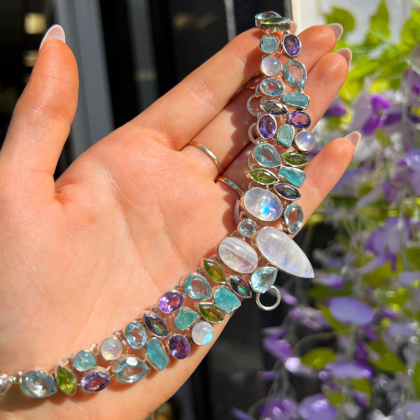 Rainbow Moonstone, Amethst, Aquamarine, Peridot & Mystic Topaz Chunky Sterling Silver Statement Necklace