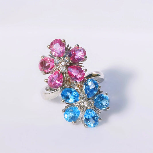 Vintage 18ct White Gold Pink Sapphire and Blue Topaz Flower Cocktail Ring - Size L