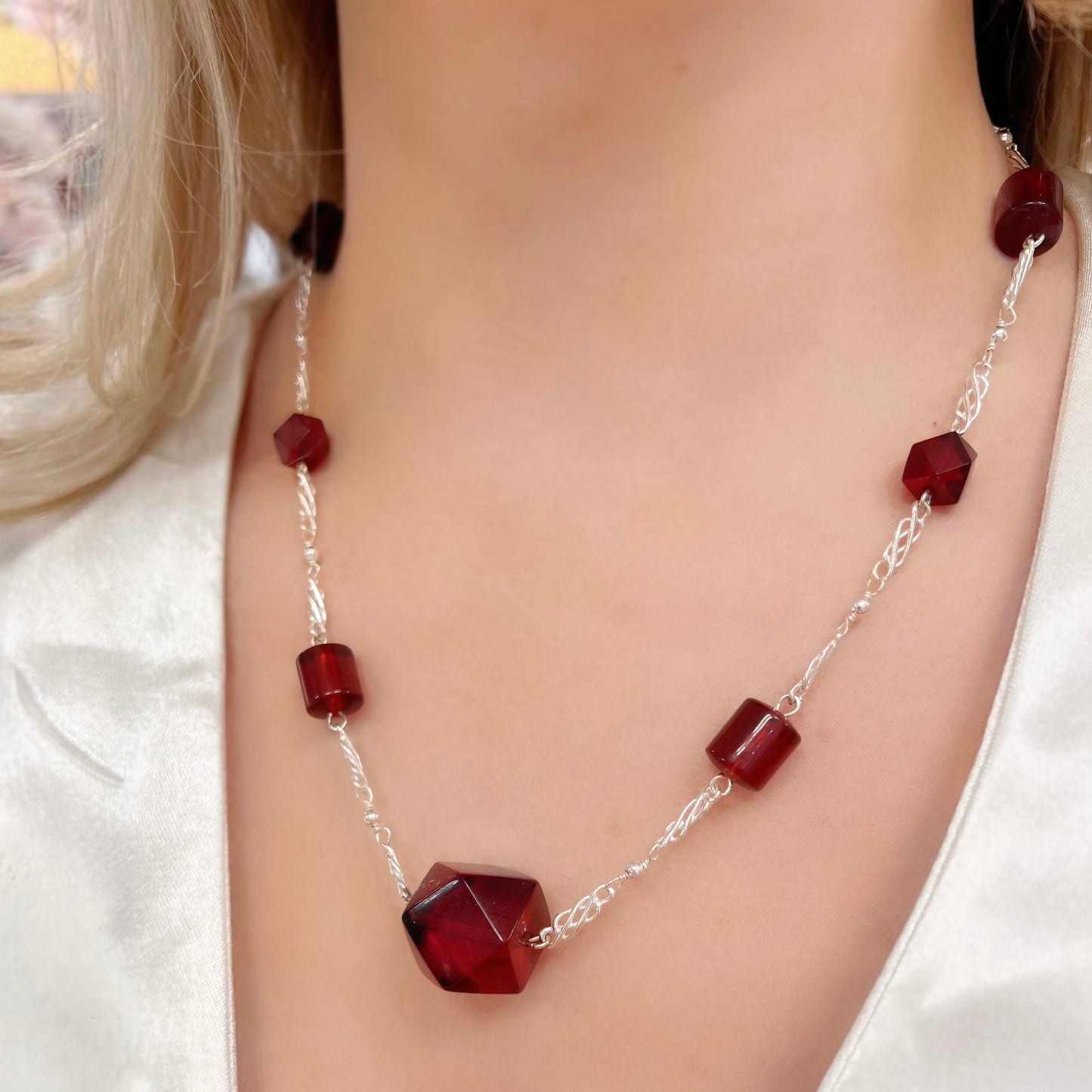 Antique 1920s Cherry Amber Beaded Necklace Handmade in Sterling Silver