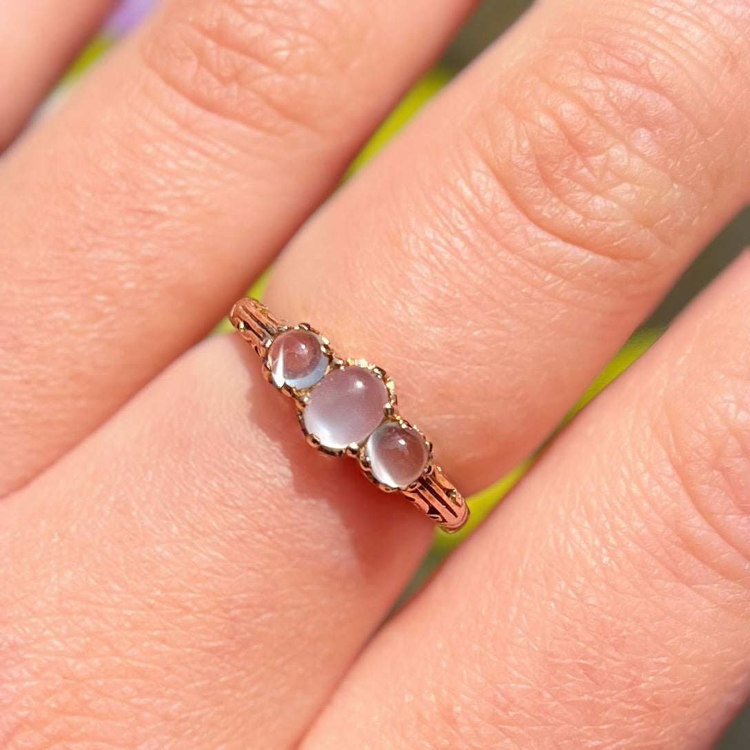 Antique Inspired Moonstone Dainty 9ct Yellow Gold Trilogy Ring | Size M