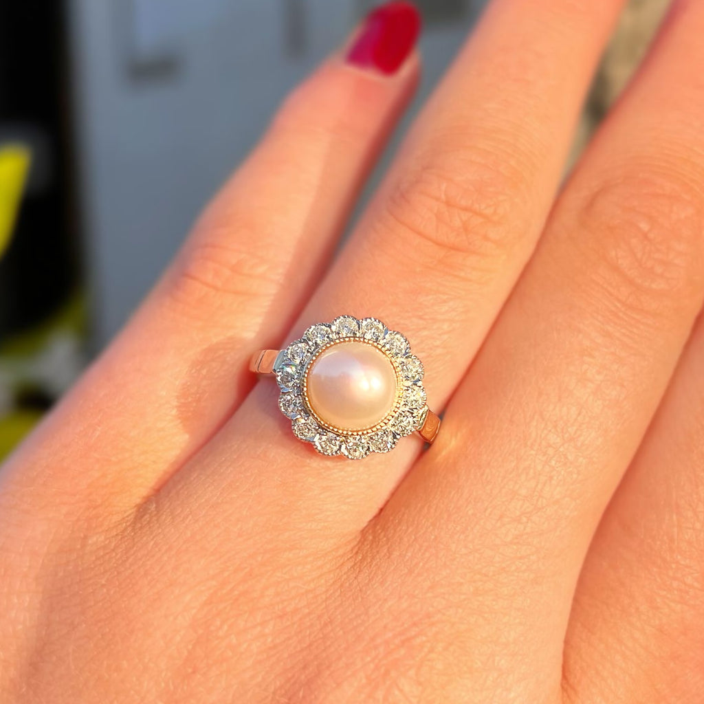 'The Audrey' Pearl and Diamond 9ct Yellow Gold Halo Cluster Ring | Size O