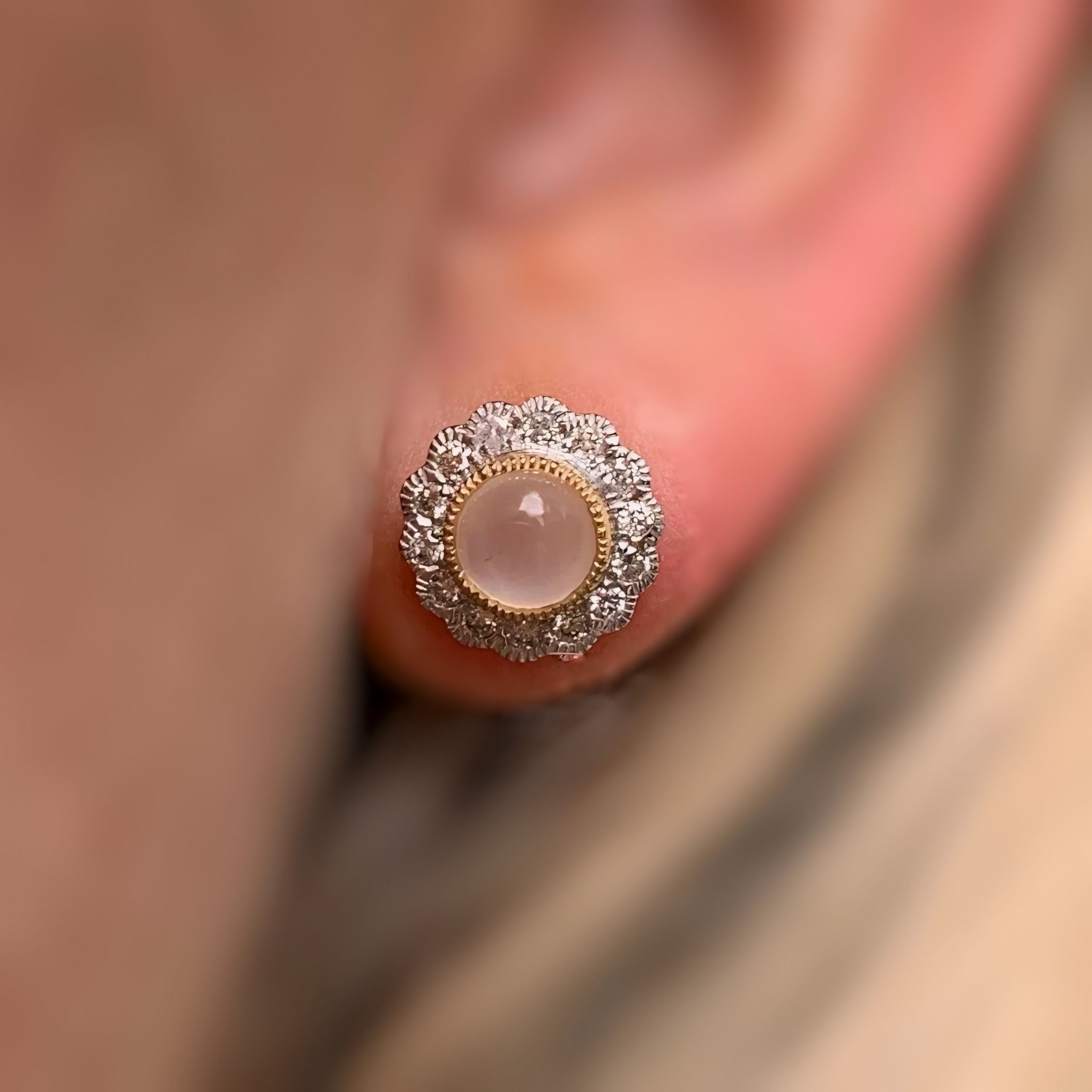 Moonstone and Diamond 9ct Gold Cluster Stud Earrings