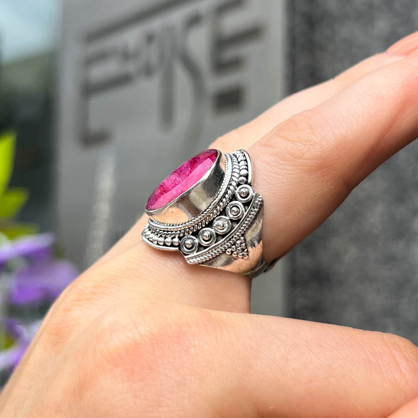 Bohemian Detailed Chunky Sterling Silver Ruby Ring - Size L