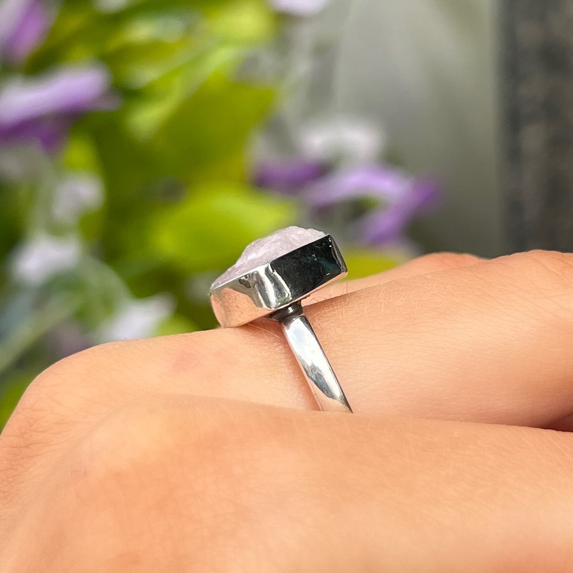 Square Rough Cut Rose Quartz Sterling Silver Ring | Size O