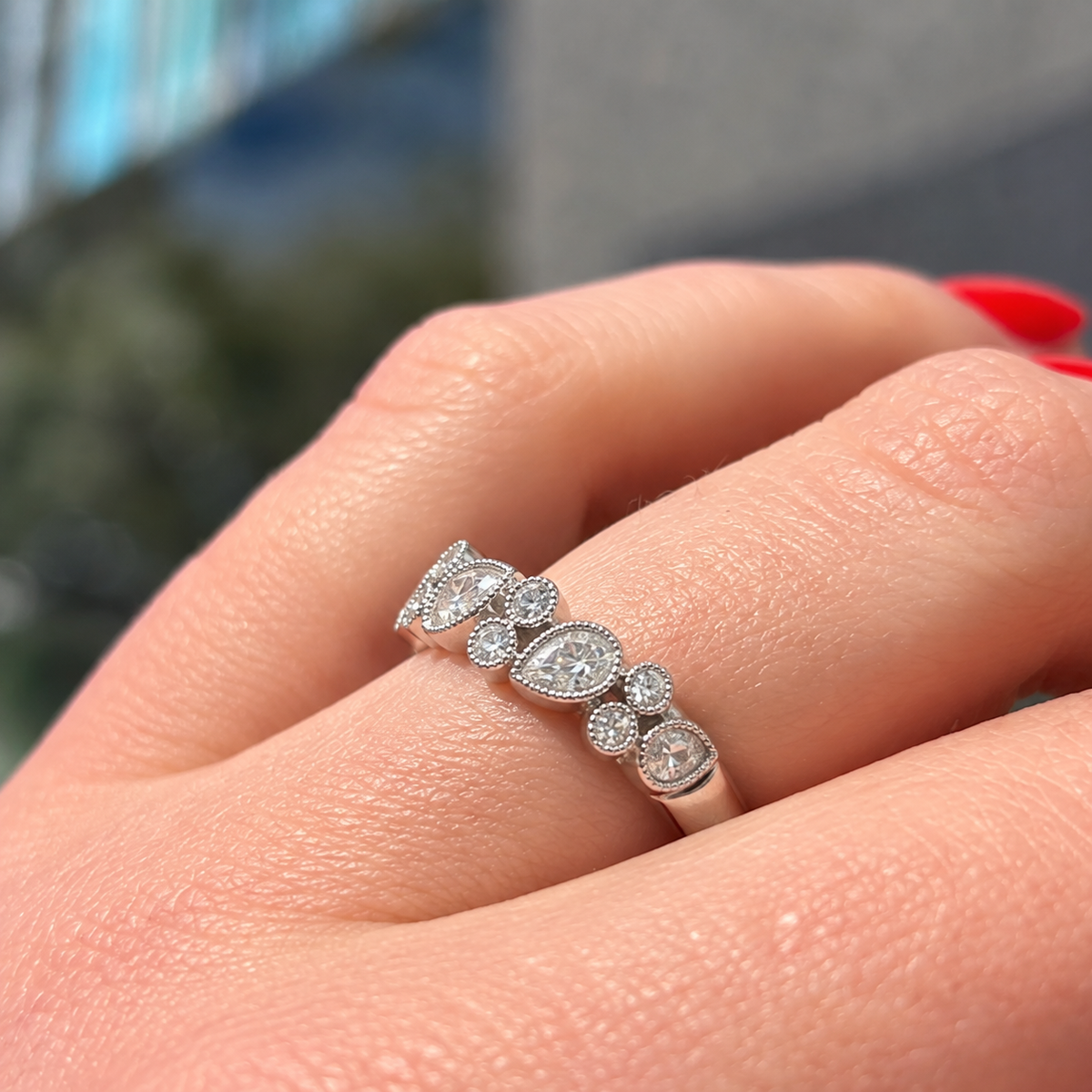 Platinum Pear and Round Natural Diamond Multi-Stone Bubble Ring | Size N