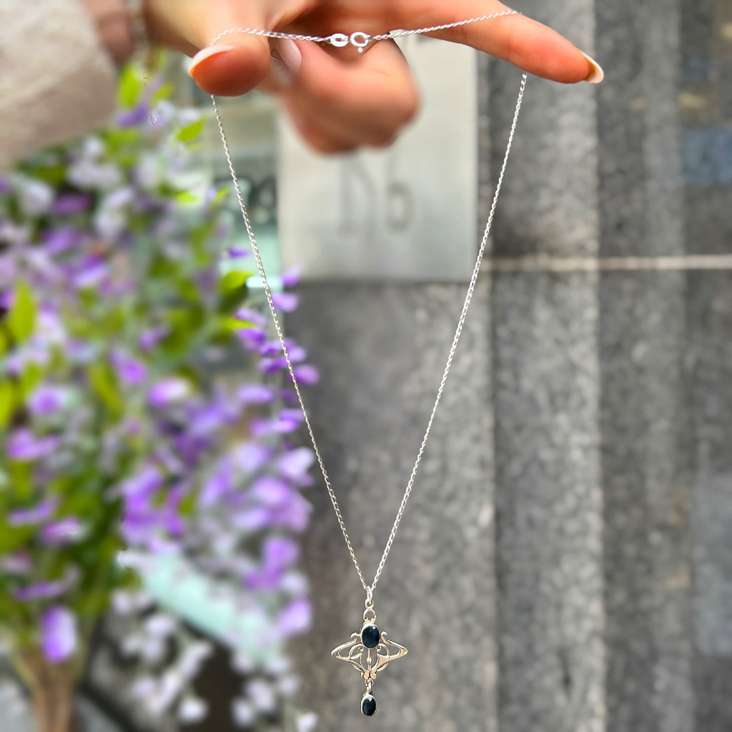 Blue Sapphire Sterling Silver Art Nouveau Pendant & Chain