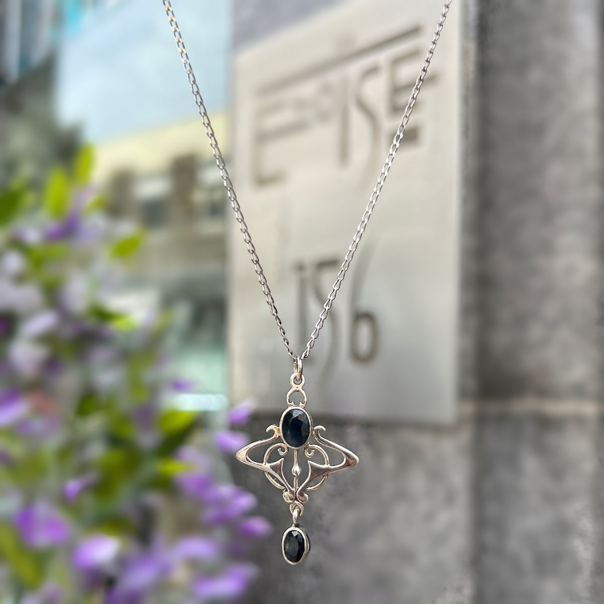 Blue Sapphire Sterling Silver Art Nouveau Pendant & Chain