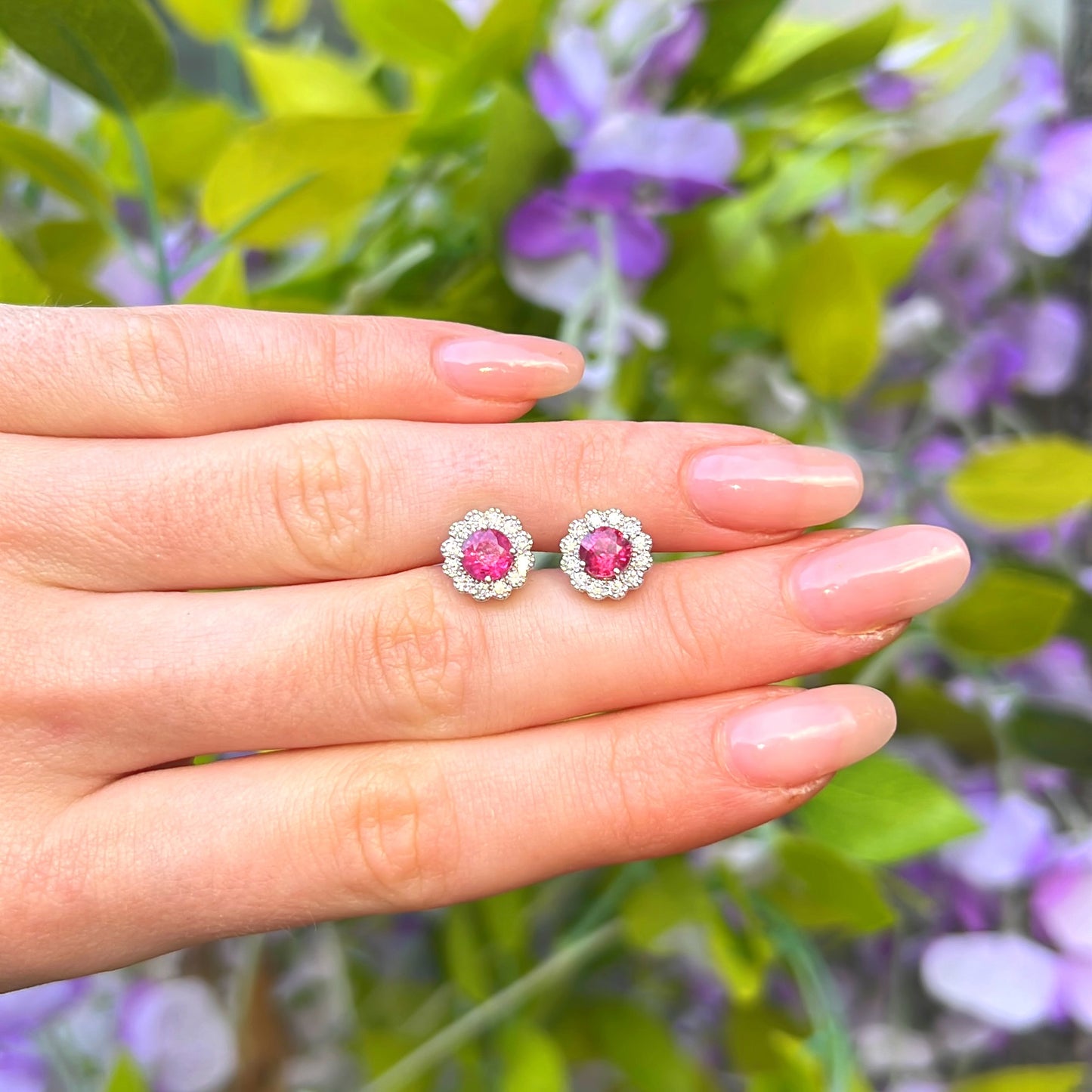 18ct White Gold Red Ruby and Diamond Halo Stud Earrings