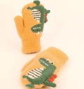 Kids Cosy Faux Fur Lined Dinosaur Knitted Mittens - Yellow | Powder Accessories