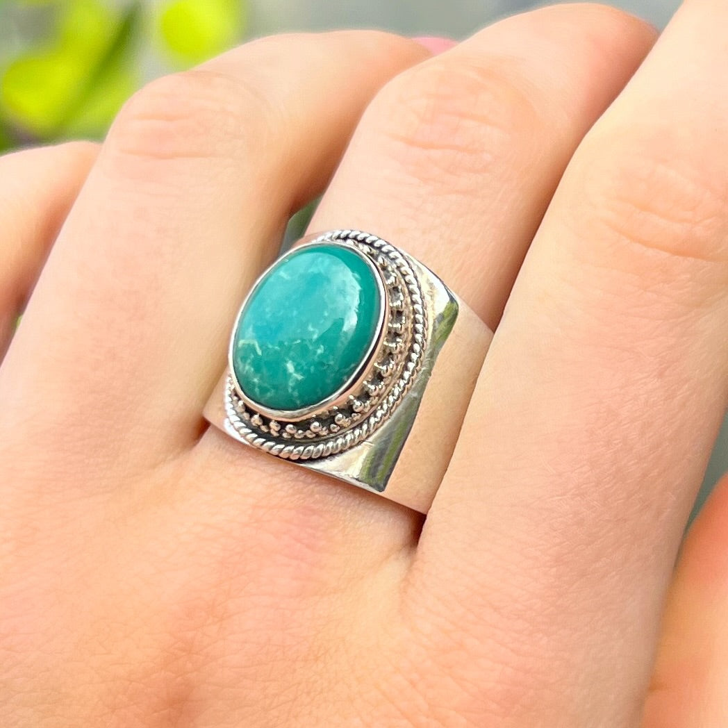 Sterling Silver Boho Green Amazonite Ring - Size T