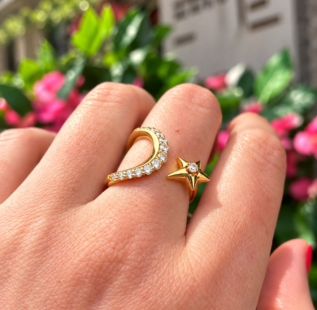 Gold on Silver Sparkling Moon and Star Adjustable Ring | Ania Haie