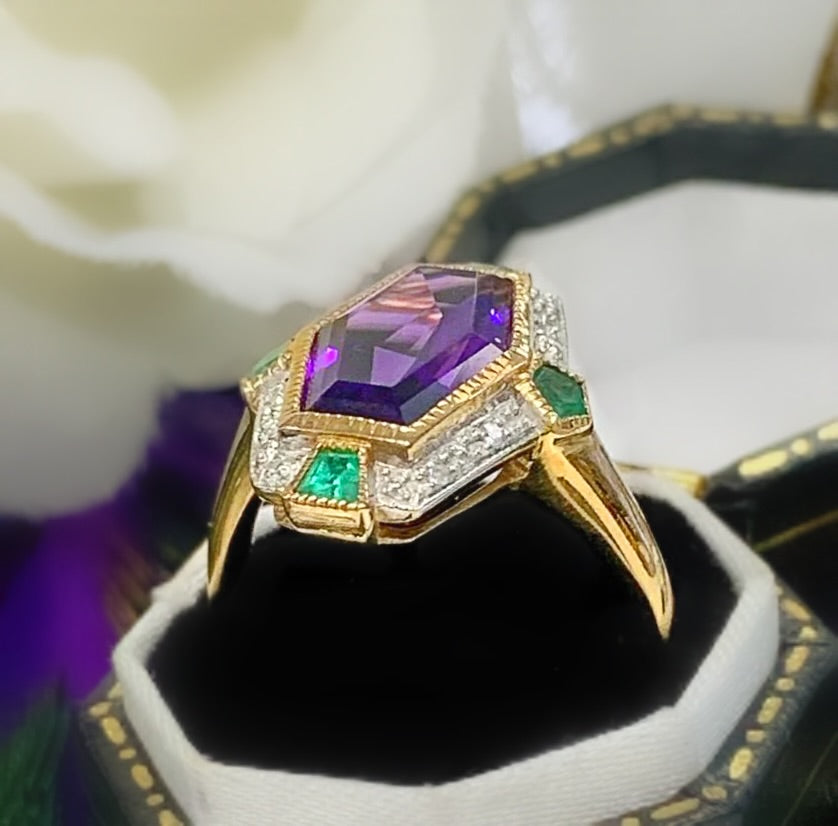 Art Deco Inspired 9ct Yellow Gold Amethyst Emerald and Diamond Ring- Size N