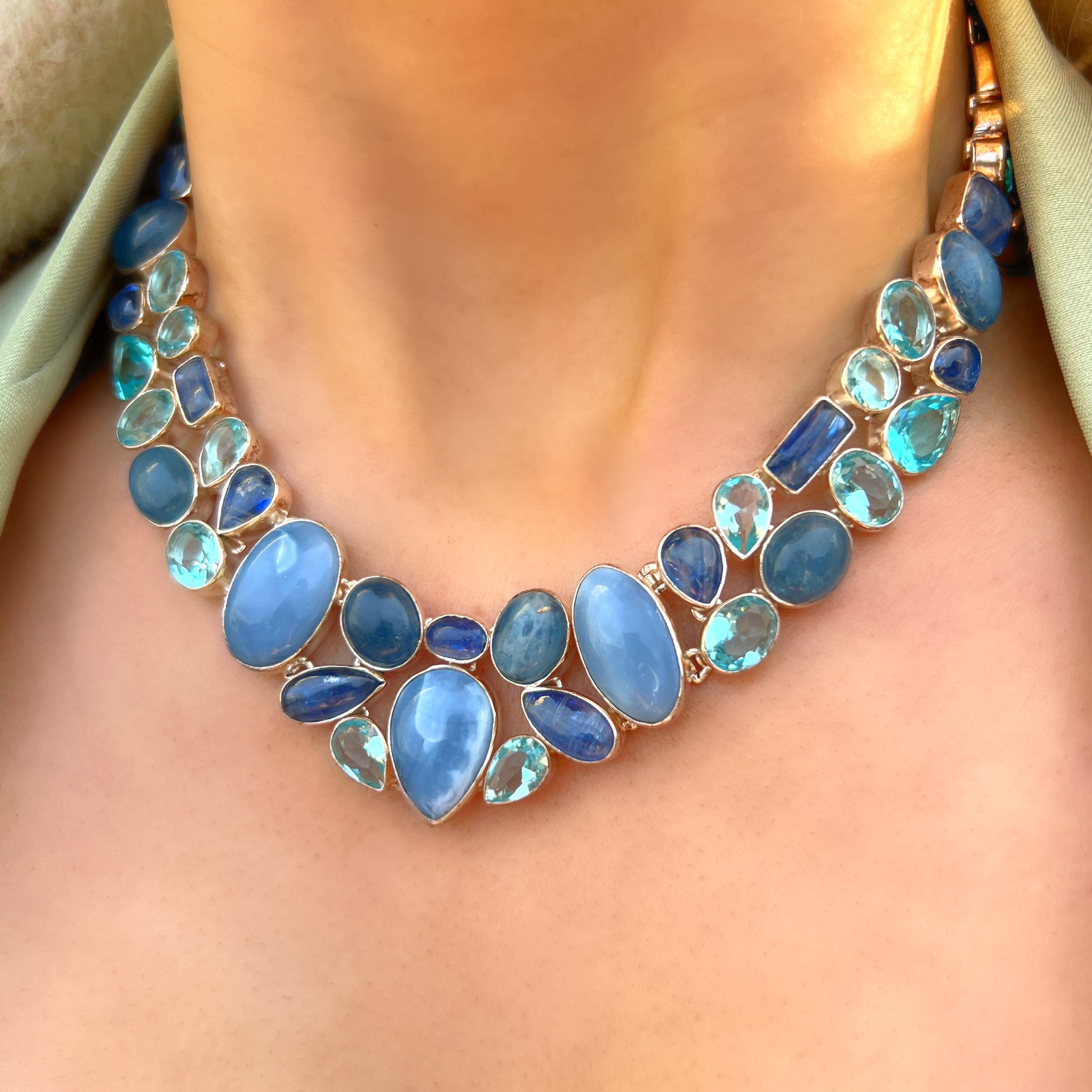 Blue Topaz, Kyanite & Owyhee Opal Sterling Silver Chunky Collar Necklace