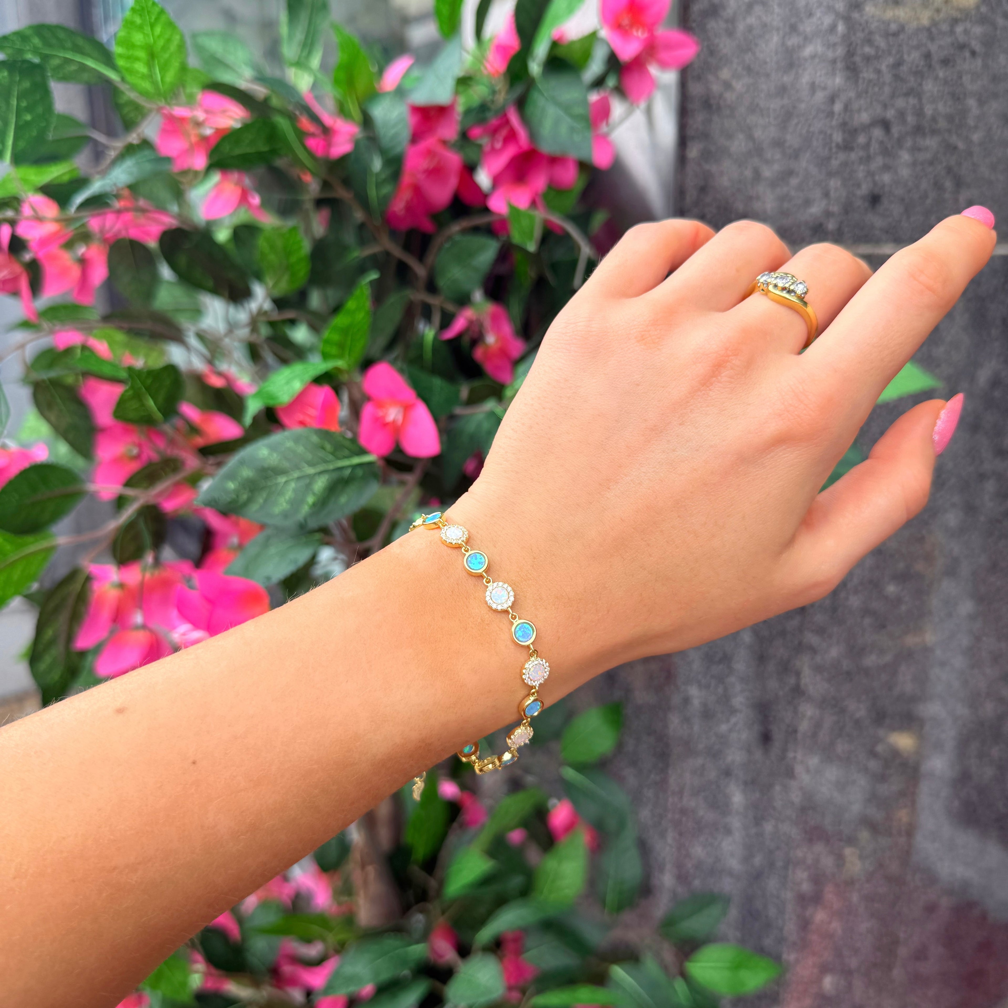 Blue & White Opal and Cubic Zirconia 9ct Yellow Gold Plated Bracelet