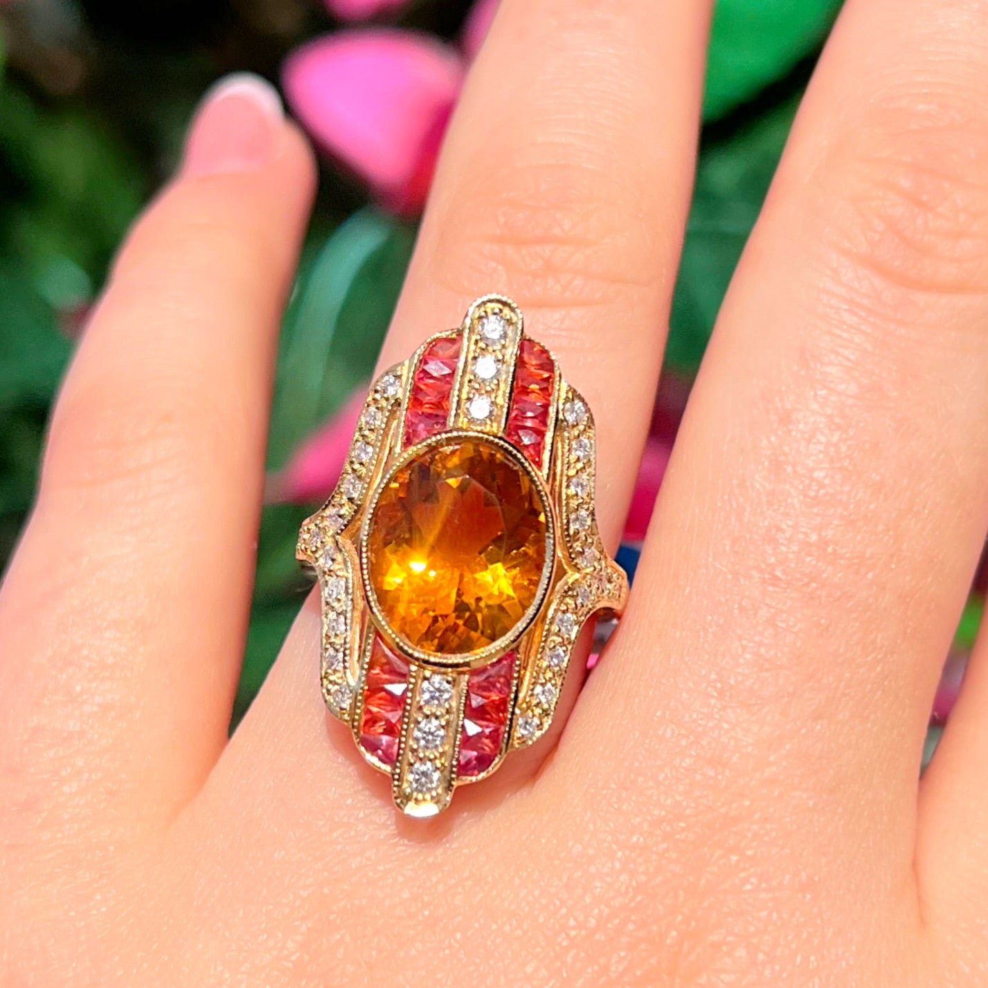 'The Soleil' Citrine, Orange Sapphire and Diamond 18ct Yellow Gold Cocktail Ring | Size M ½