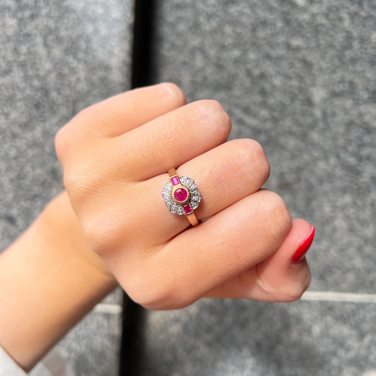 Ruby and Diamond Art Deco Reproduction 9ct Yellow Gold Ring | Size N