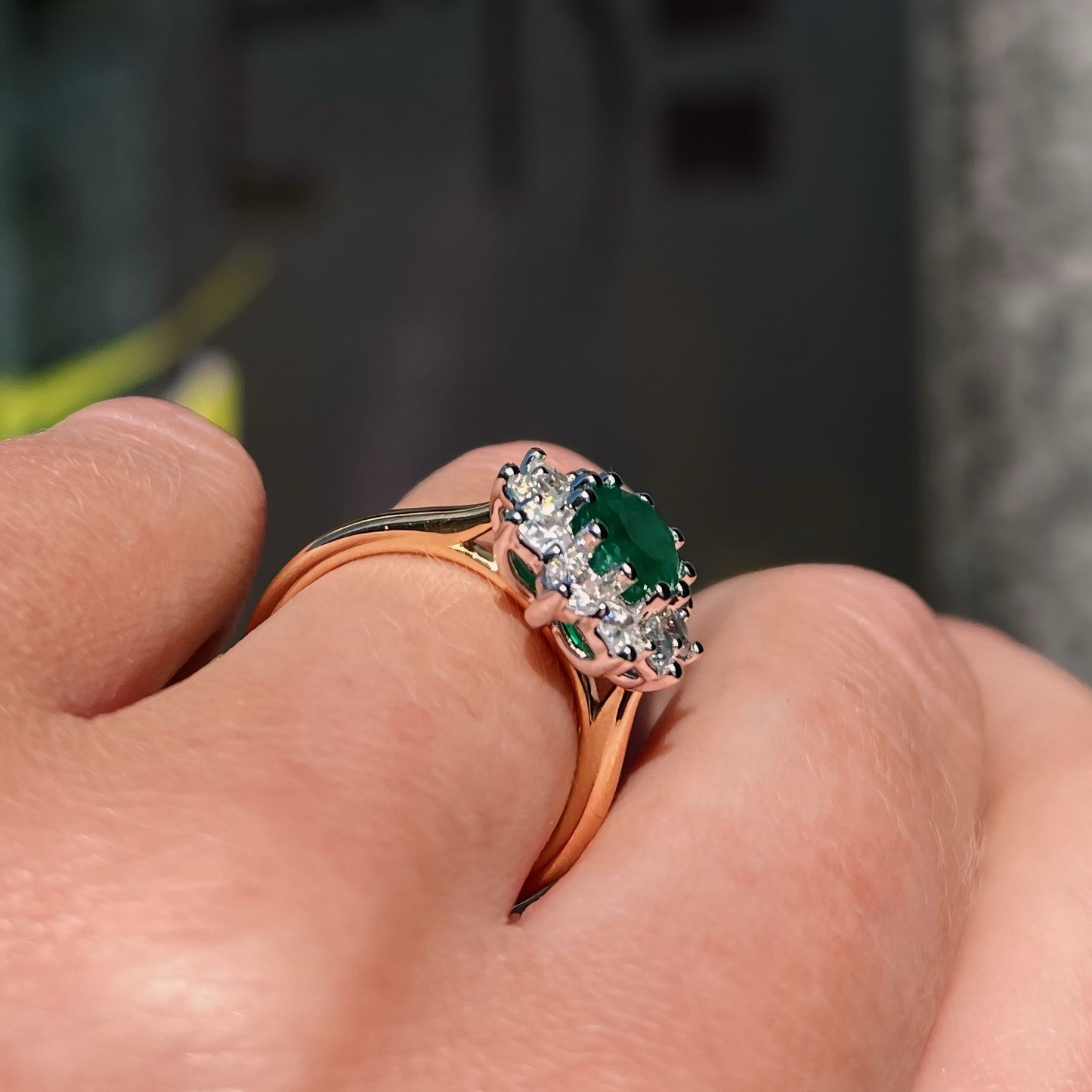 Classic 18ct Yellow Gold Green Emerald and Diamond Cluster Ring - M ½