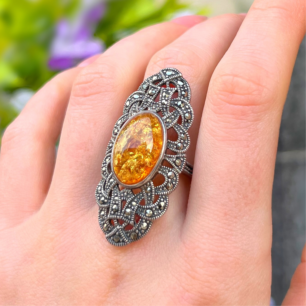 Orange Amber & Marcasite Sterling Silver Ring | Size O ½