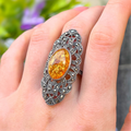 Orange Amber & Marcasite Sterling Silver Ring | Size O ½