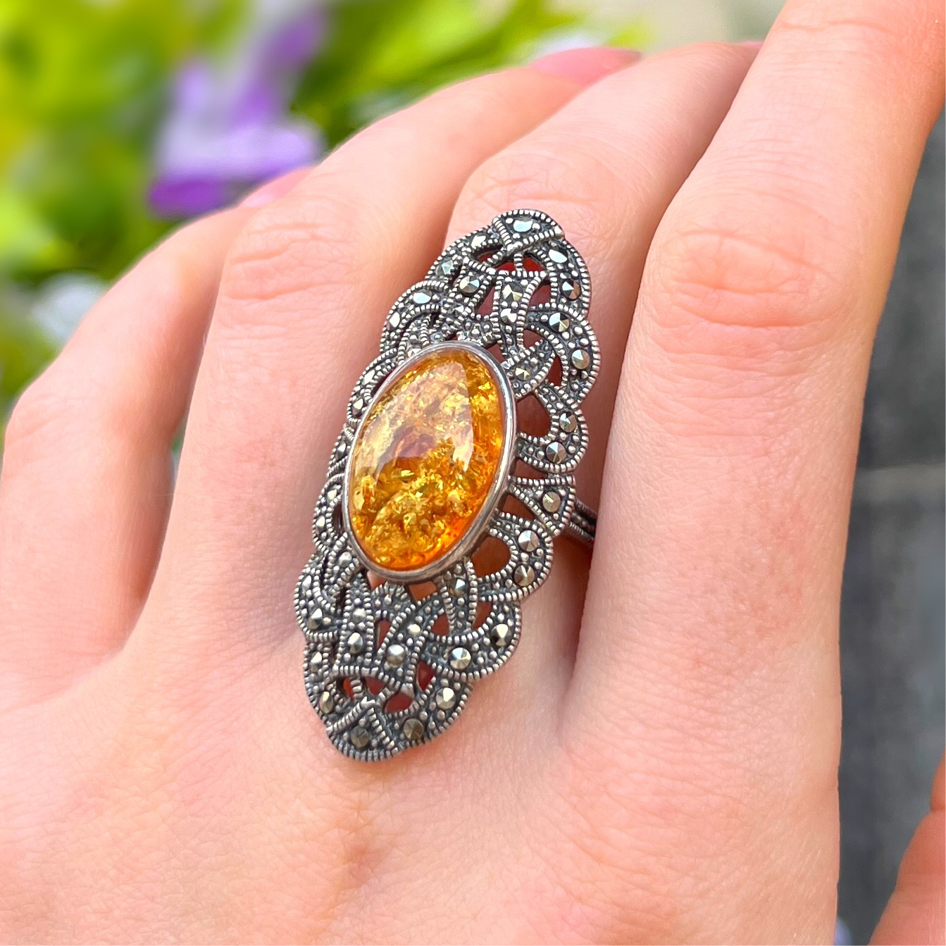 Orange Amber & Marcasite Sterling Silver Ring | Size O ½