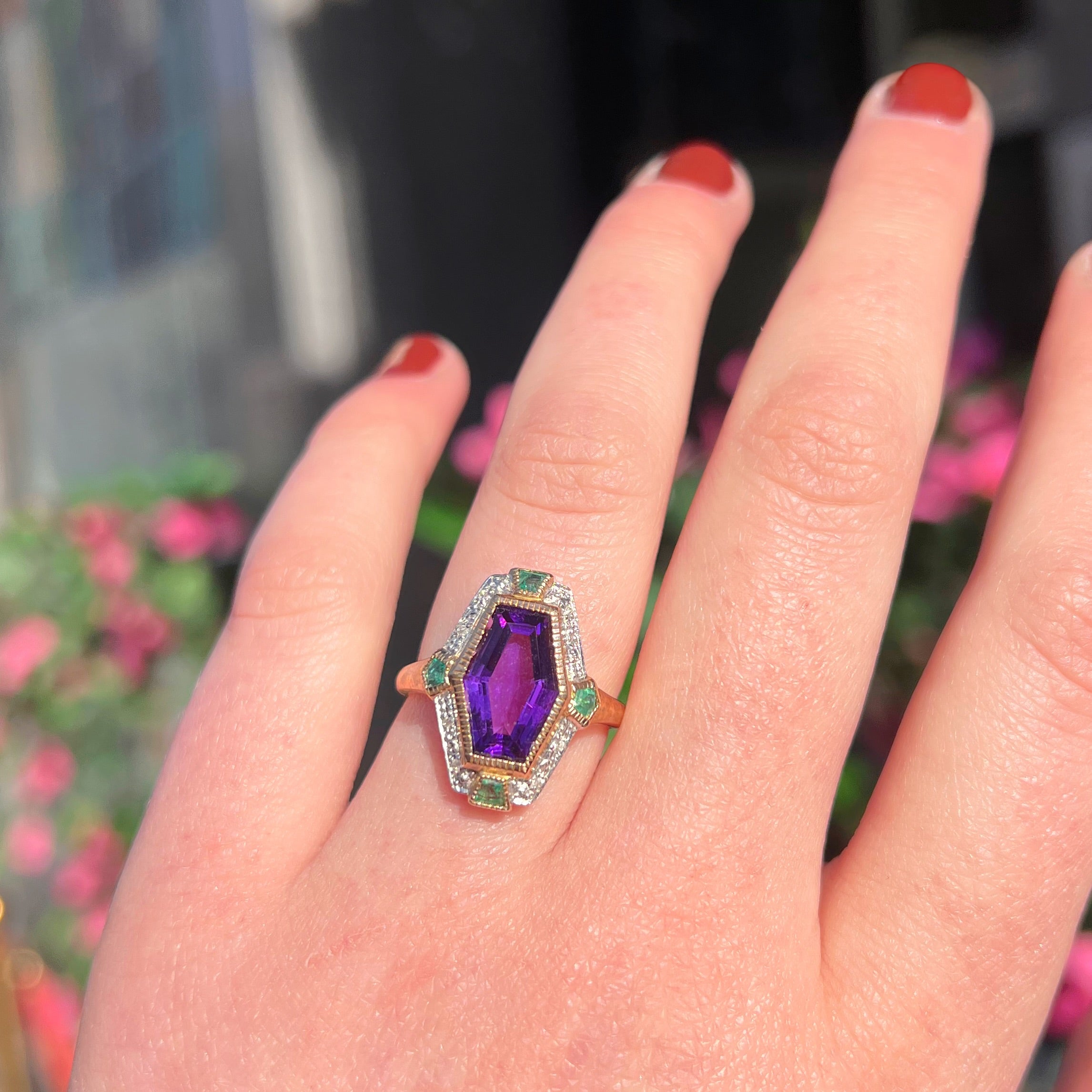 Art Deco Reproduction Amethyst Emerald and Diamond 9ct Yellow Gold Ring | Size N