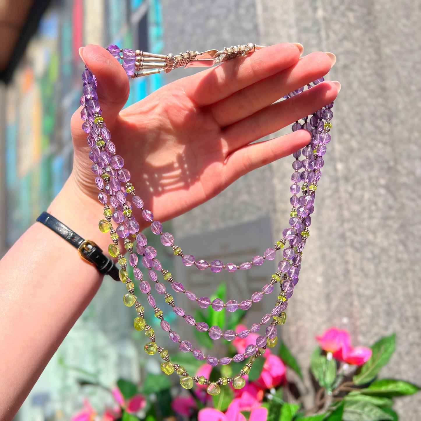 Vintage Inspired Sterling Silver Purple Amethyst & Green Peridot Layered Beaded Statement Necklace