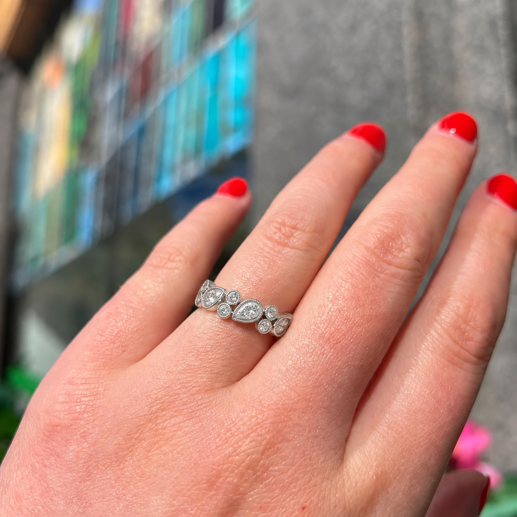 Platinum Pear and Round Natural Diamond Multi-Stone Bubble Ring | Size N