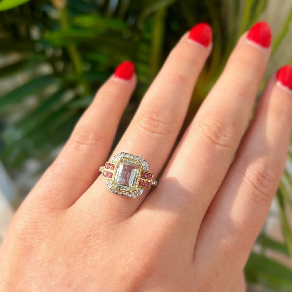 RESERVED | Art Deco Inspired Green Amethyst and Pink Tourmaline 9ct Yellow Gold Ring | Size O ½