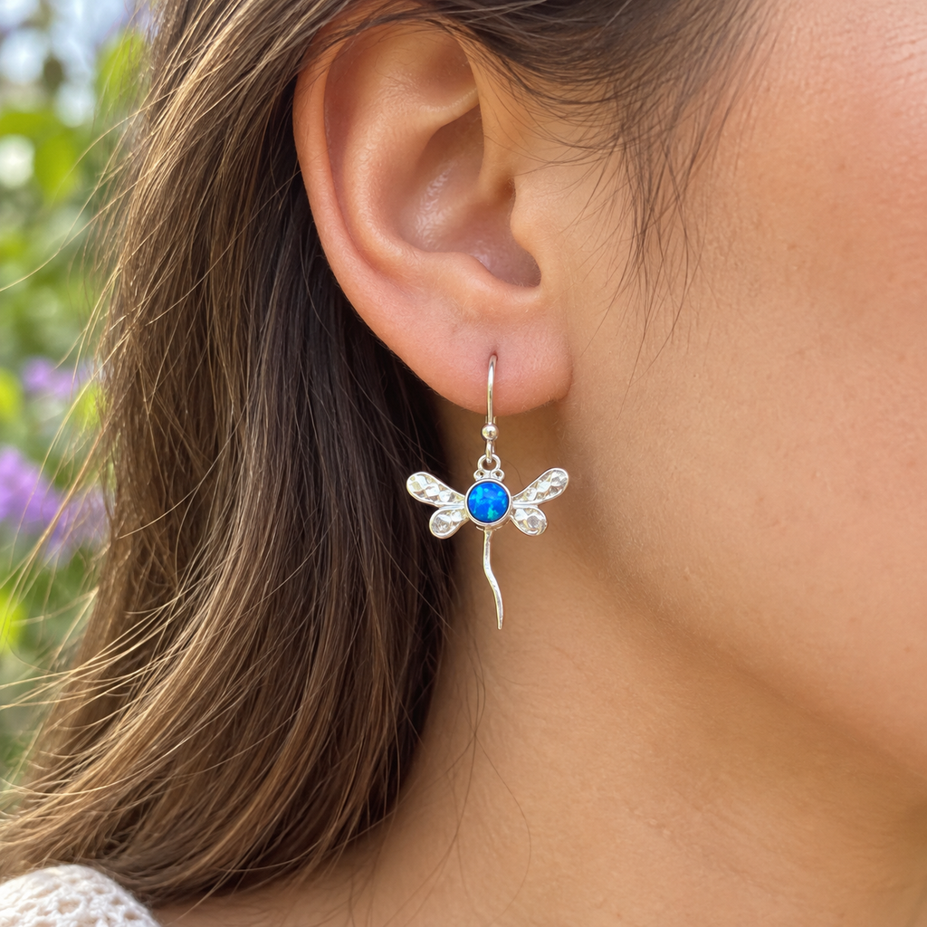 Blue Opal Sterling Silver Dragonfly Drop Earrings
