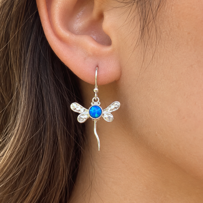 Blue Opal Sterling Silver Dragonfly Drop Earrings