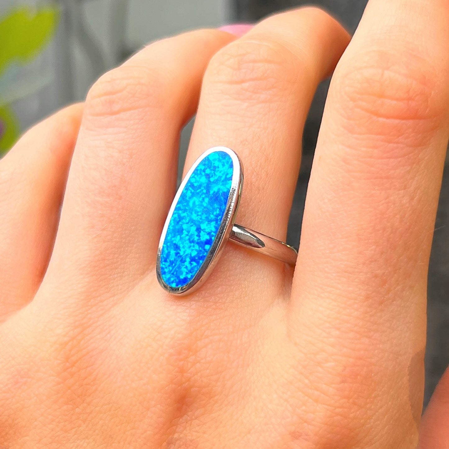 Sterling Silver Enolgated Oval Flat Opal Ring - Size Q