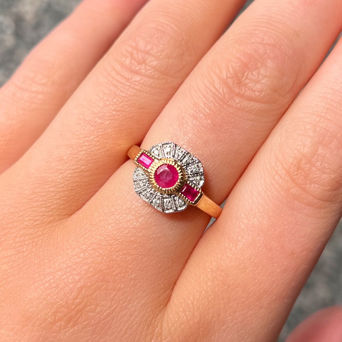 Ruby and Diamond Art Deco Reproduction 9ct Yellow Gold Ring | Size N