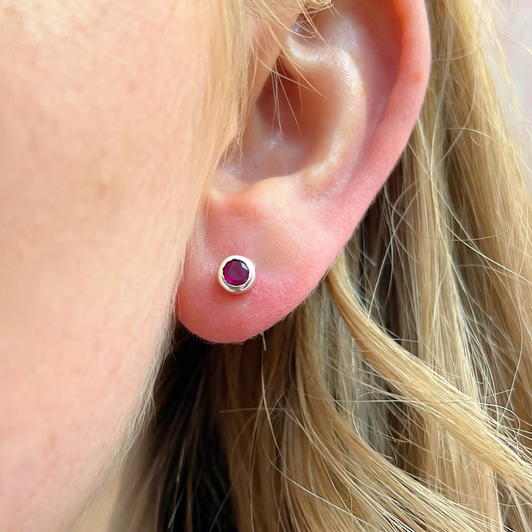 Bezel Set Round Ruby Sterling Silver Small Stud Earrings