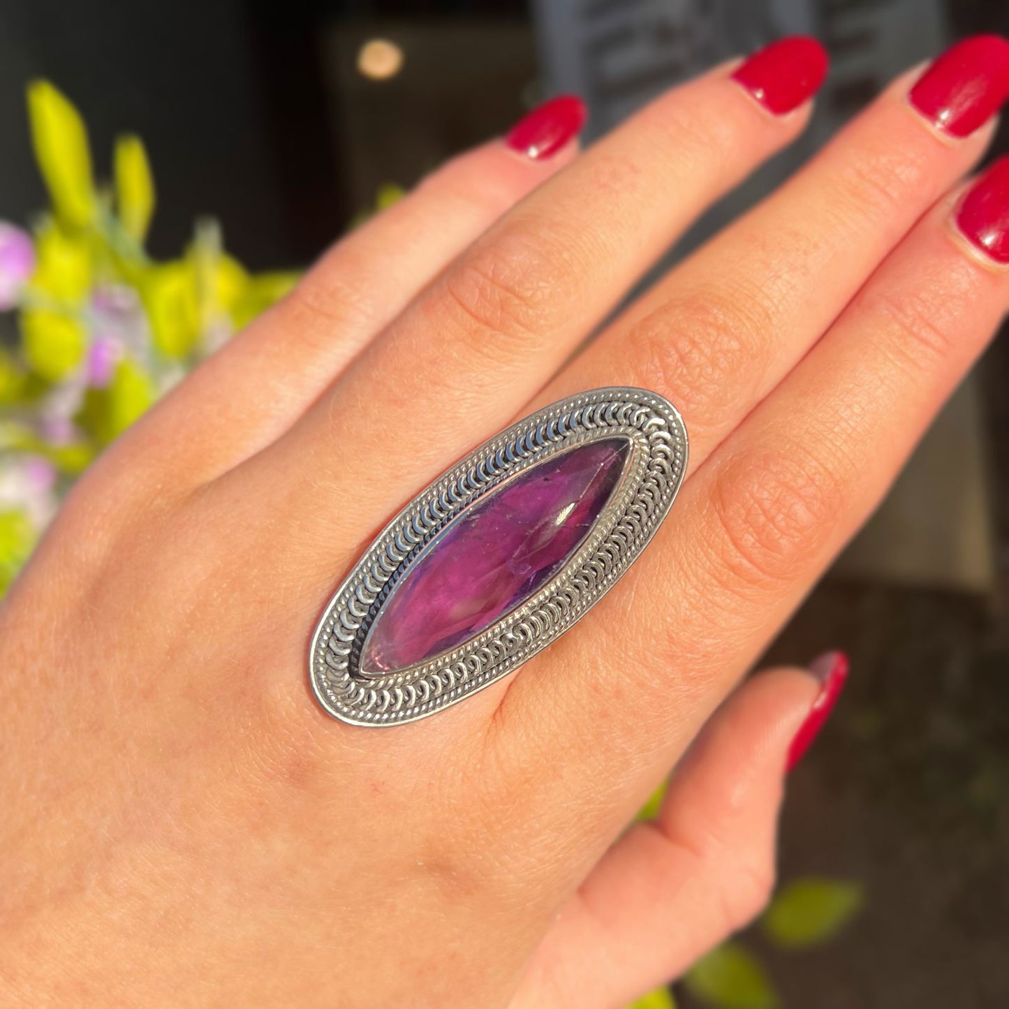 Statement Sterling Silver Checkerboard Cut Marquise Amethyst Ring - Size R ½