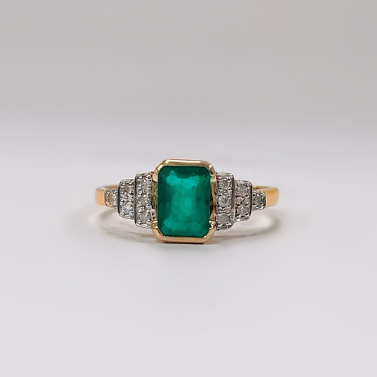 9ct Yellow Gold Art Deco Inspired Emerald and Diamond Ring - Size N1/2