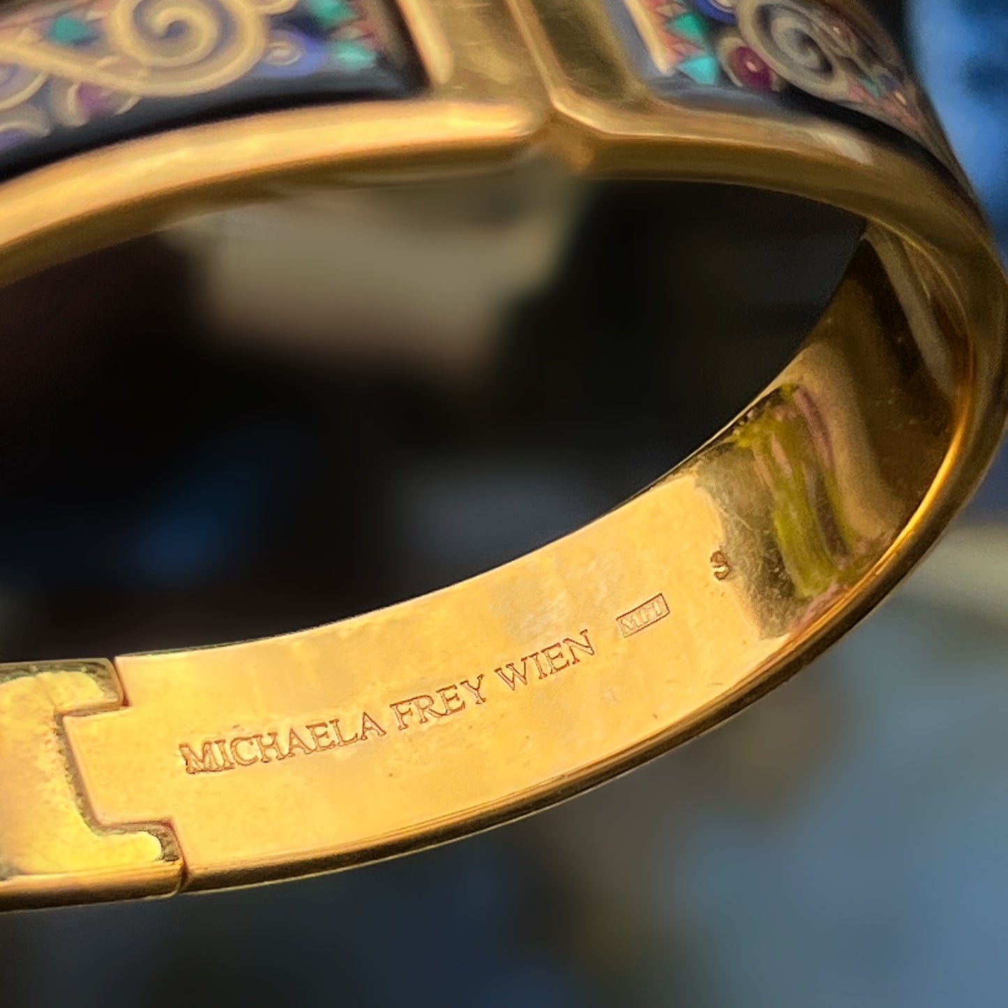 Vintage Michaela Frey Wein 24ct Vermeil Yellow Gold Plated Sterling Silver Hinged Black Enamel Bangle