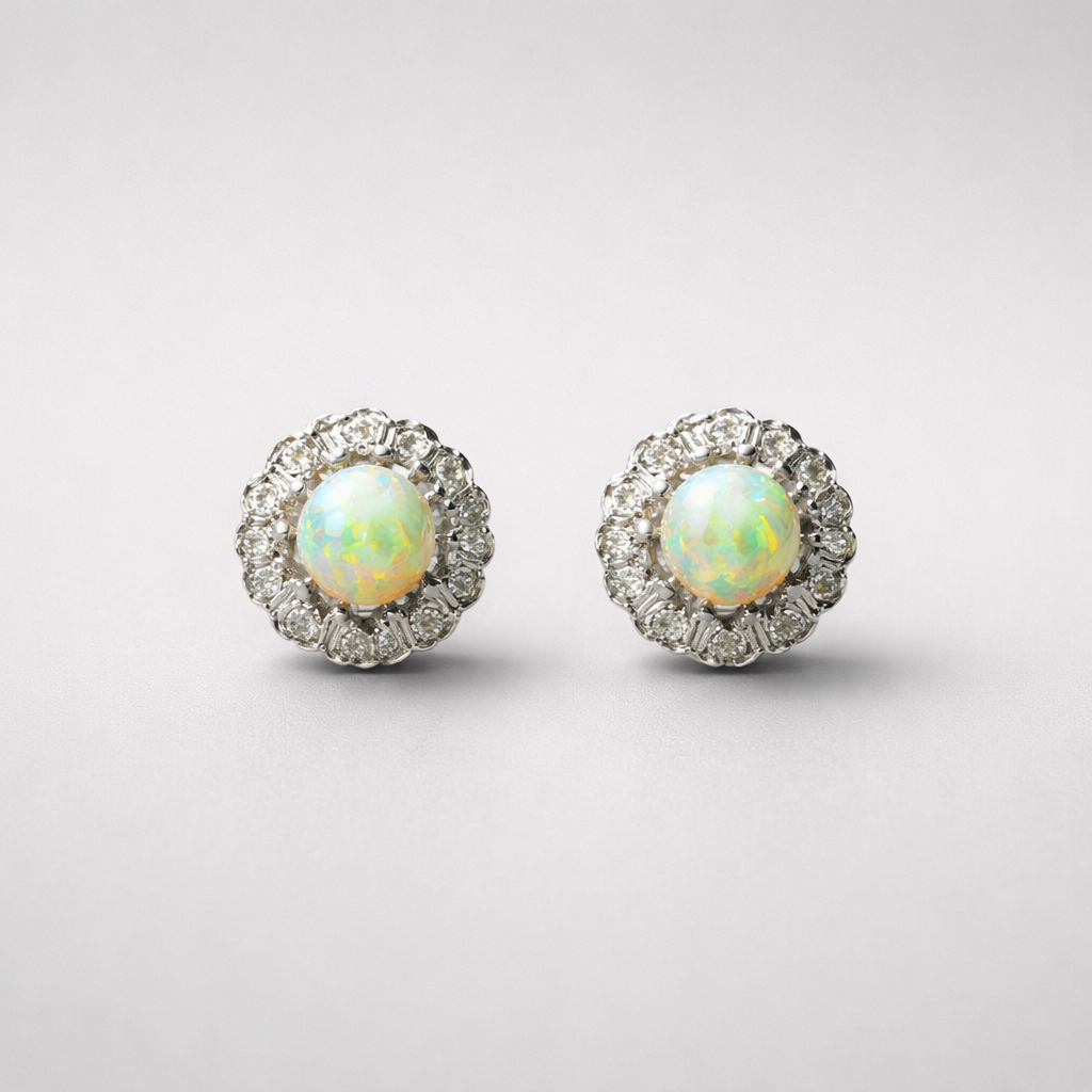 Antique Opal and Diamond 9ct Yellow Gold Cluster Stud Earrings