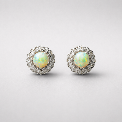 Antique Opal and Diamond 9ct Yellow Gold Cluster Stud Earrings