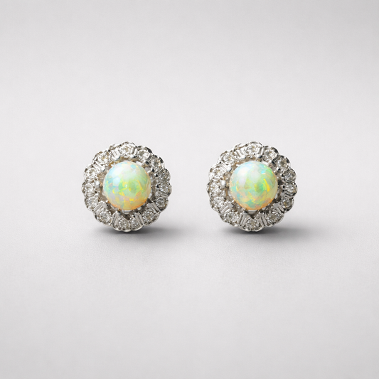 Antique 9ct Yellow Gold Opal and Diamond Stud Cluster Stud Earrings