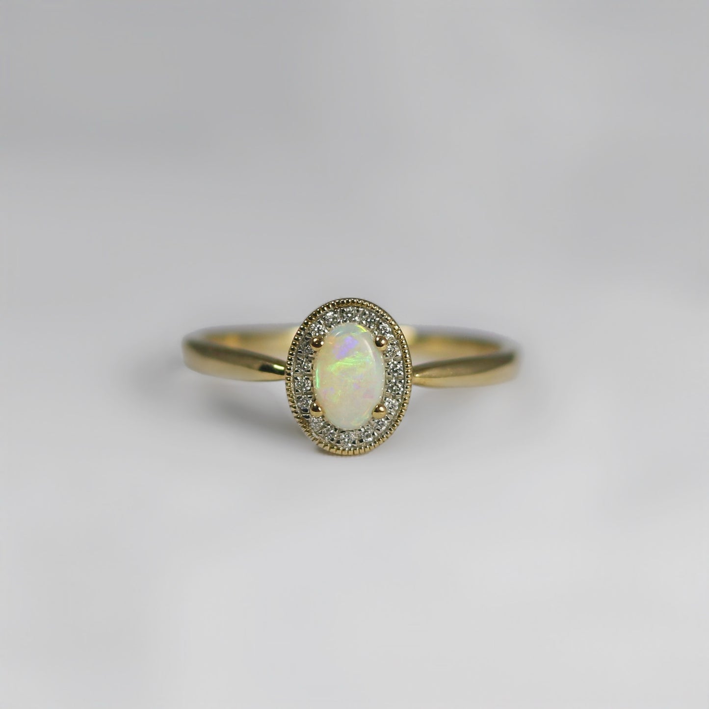 Sweet Feminine 9ct Yellow Gold Oval Opal and Diamond Halo Ring - Size O