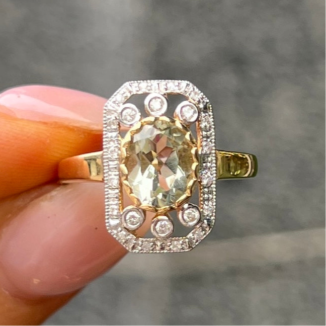 9ct Yellow Gold Green Amethyst and Diamond Ring - Size M