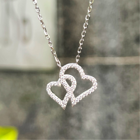 Sterling Silver Cubic Zirconia Double Heart Necklace