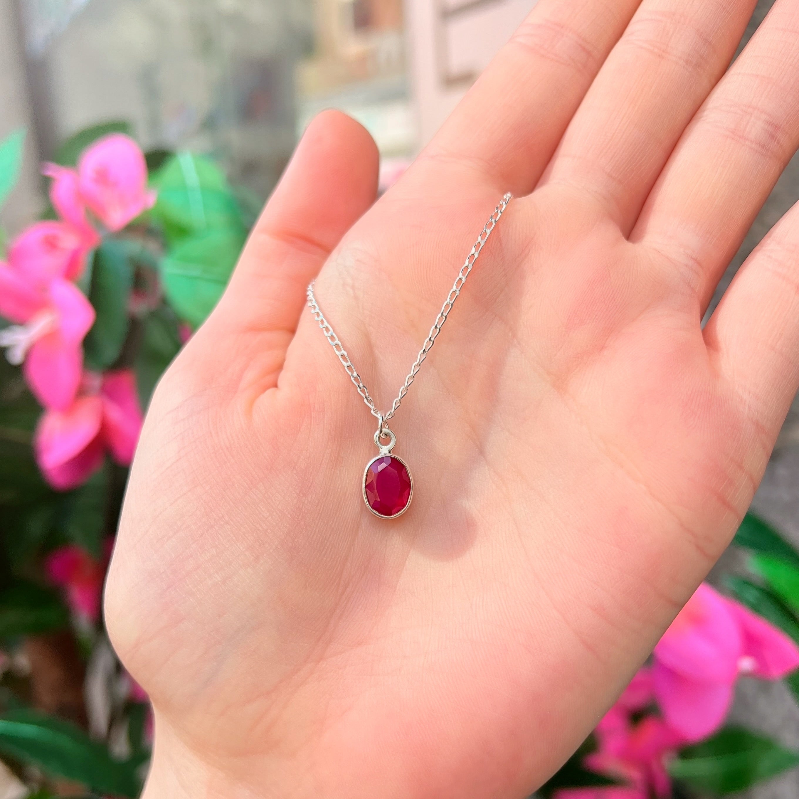 Oval Ruby Sterling Silver Dainty Necklace