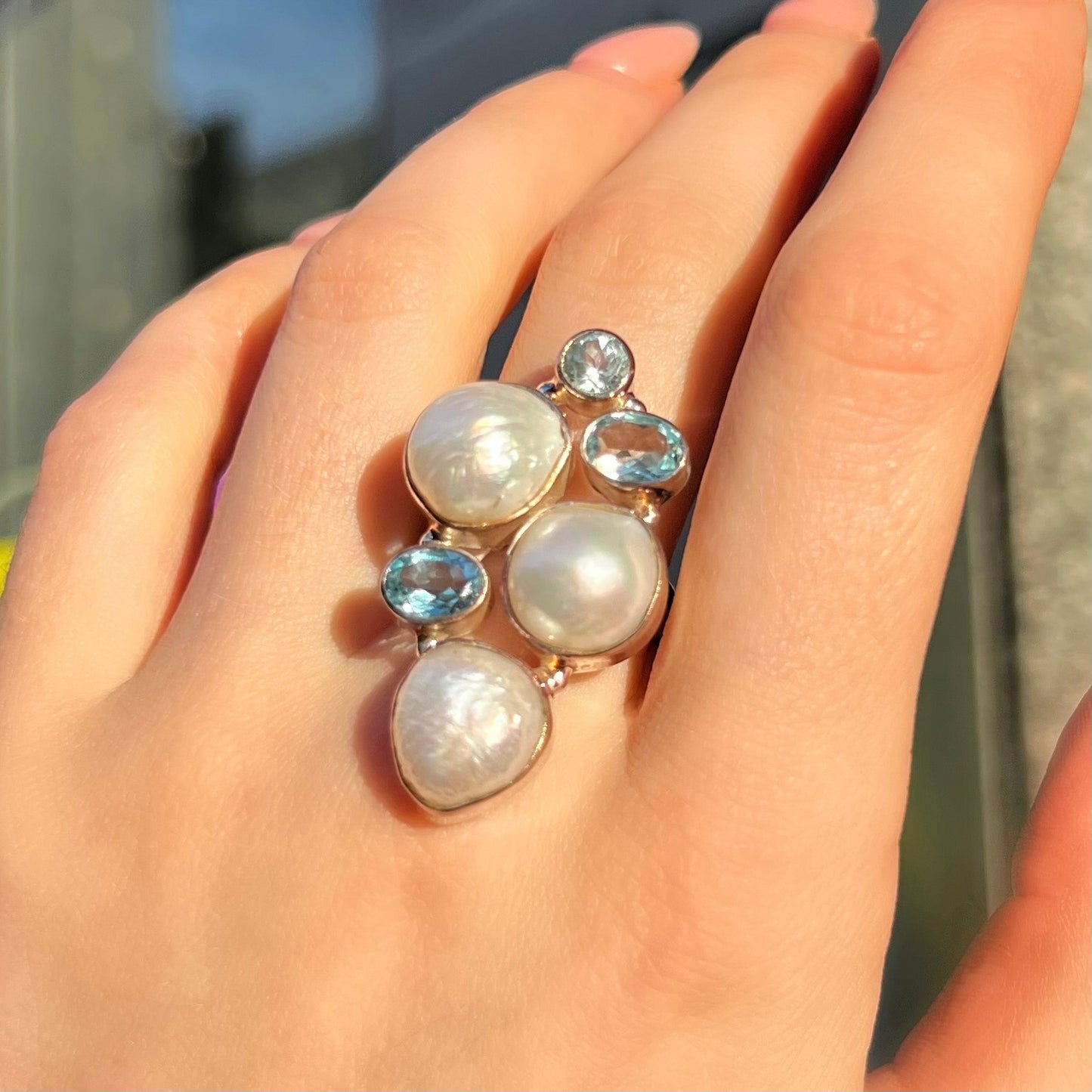 Sterling Silver Baroque White Pearl & Blue Topaz Unique Statement Ring - Adjustable Size