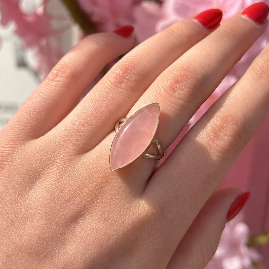 Rose Quartz Sterling Silver Marquise Cut Ring | Size Q