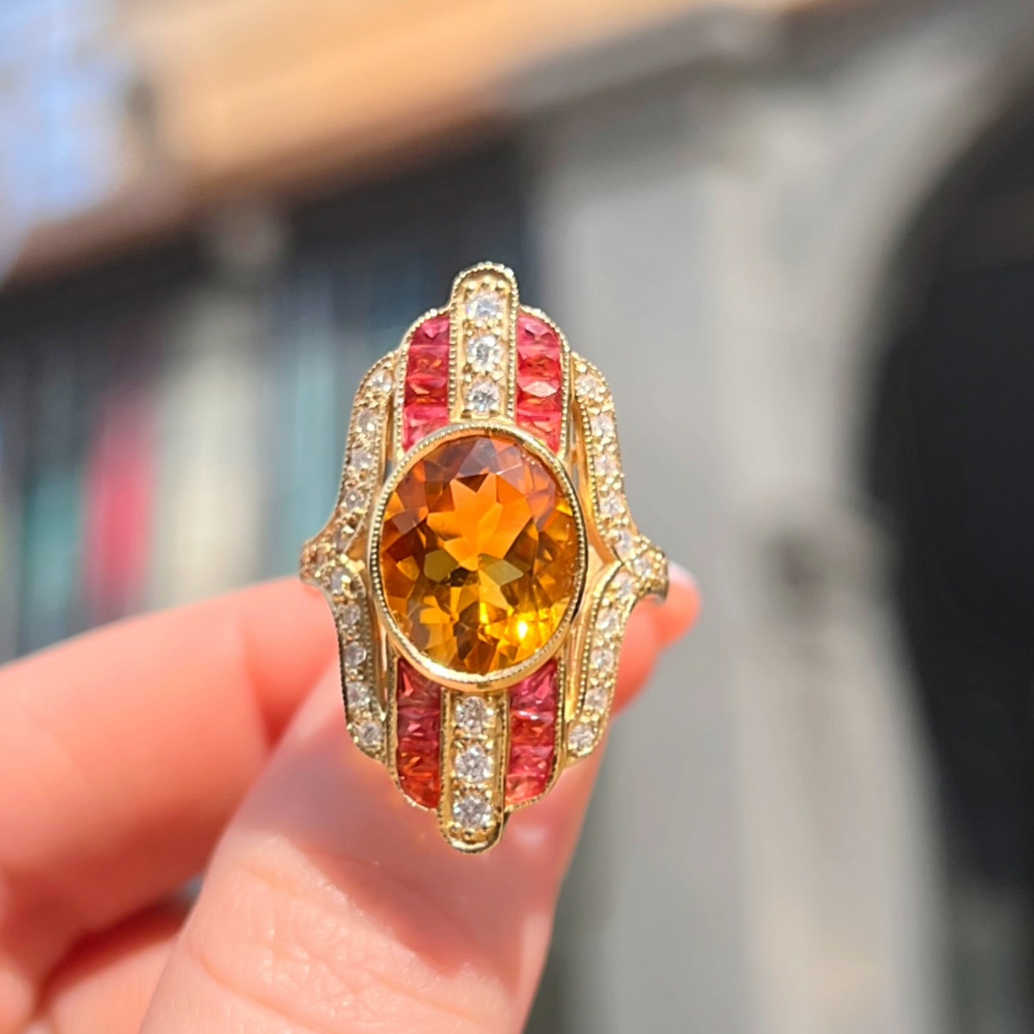 'The Soleil' Citrine, Orange Sapphire and Diamond 18ct Yellow Gold Cocktail Ring | Size M ½