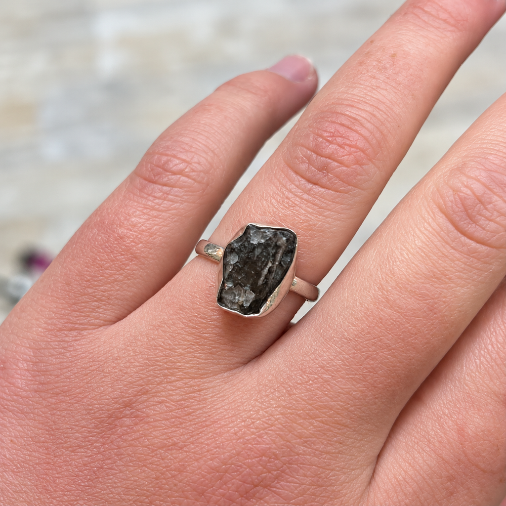 Rough Cut Green Moldavite Sterling Silver Ring | Size O