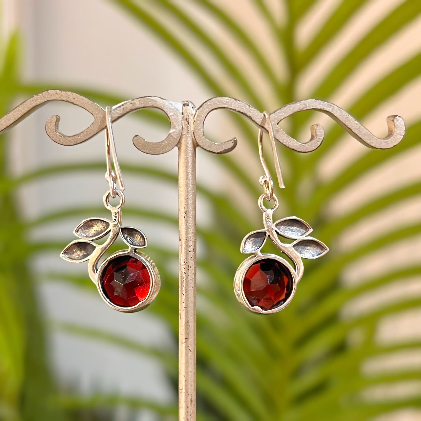 Sterling Silver Nature-Inspired Garnet Drop Earrings