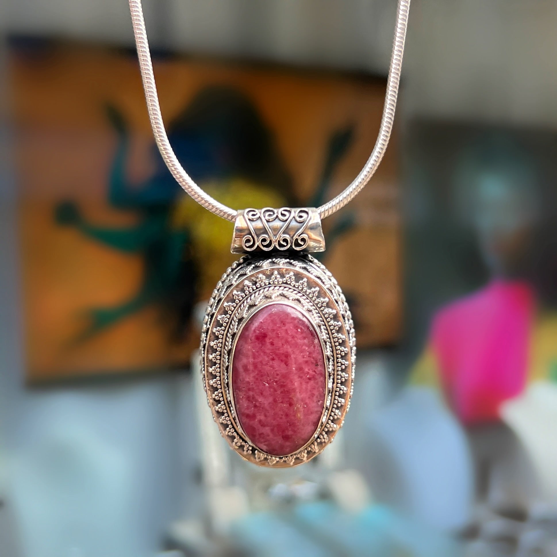 Ornate XL Ruby Sterling Silver Bohemian Chunky Pendant & Chain